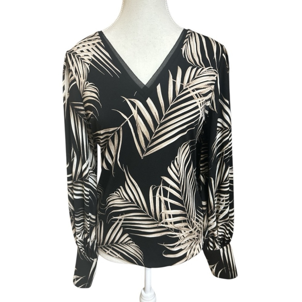 White House Black Market Palm Leaf Black Drama Sleeves Blouse Size Small NWT - Picture 2 of 11